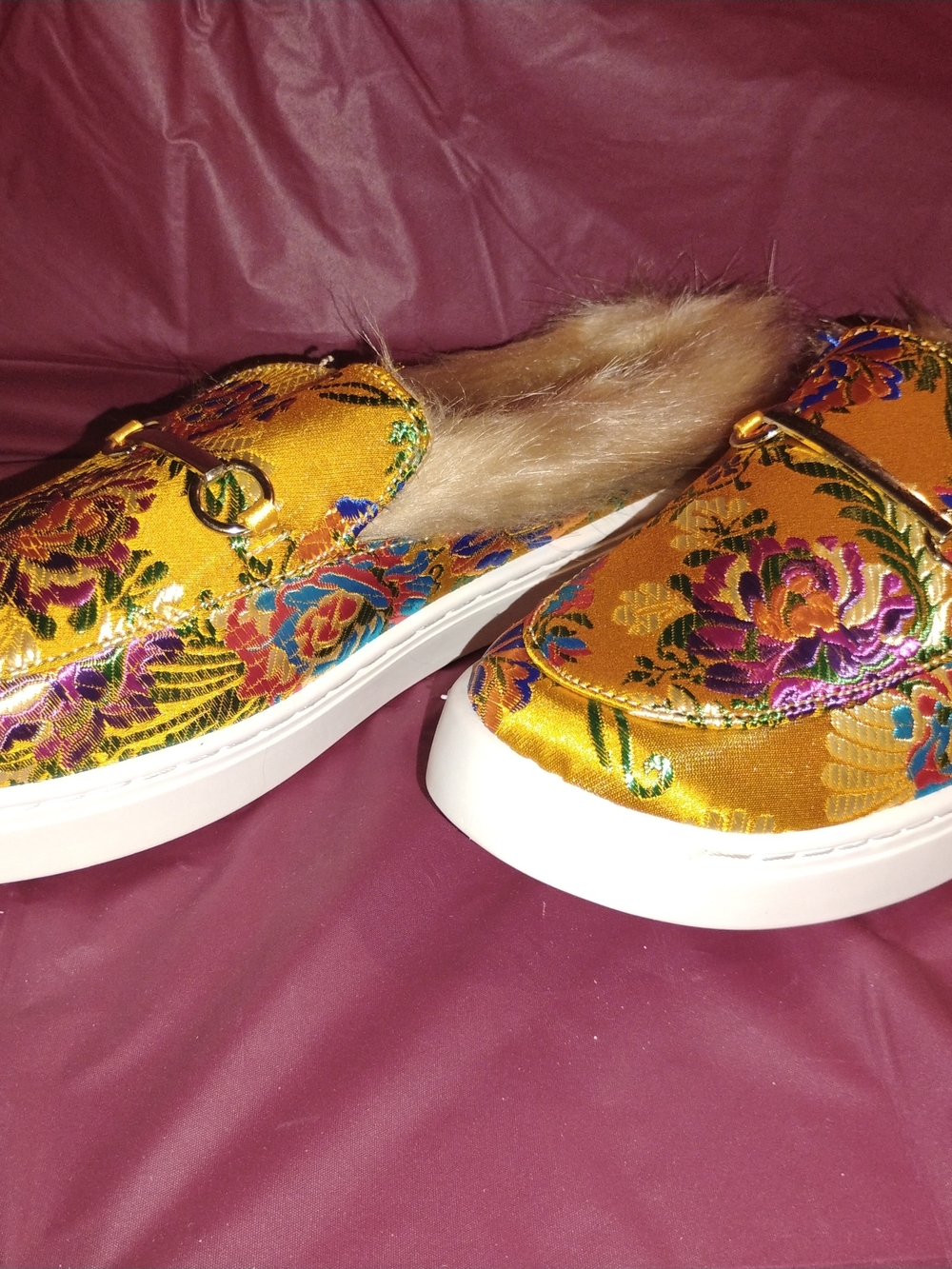 BAMBOO Gold Floral Embroidered Fur-Lined Slip-On Mules